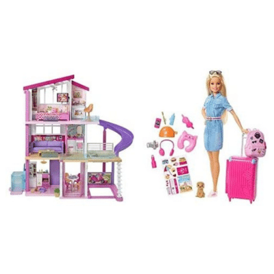 Barbie Casa De Muñecas con Accesorios, La Casa De Tus Sueños, con Elevador Nuevo (Mattel Gnh53) + Vamos De Viaje, Muñeca con Accesorios