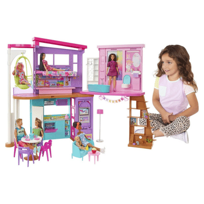 Barbie Casa Malibú Casa de muñecas plegable 2 pisos con 6 habitaciones y muebles, incluye 30 accesorios, juguete de regalo