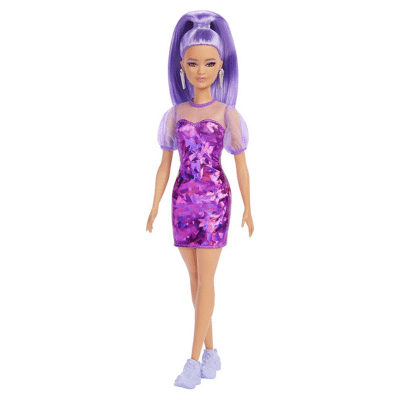 Barbie Fashionista Muñeca pequeña con pelo morado, vestido con estilo monocromático y accesorios de moda de juguete (Mattel HBV12)