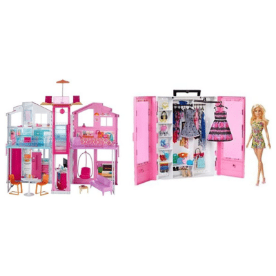 Barbie Supercasa, Casa de muñecas con Accesorios (Mattel DLY32) + Fashionistas Superarmario y Muñeca Perchero Desplegable Rosa con Ropa, Accesorios