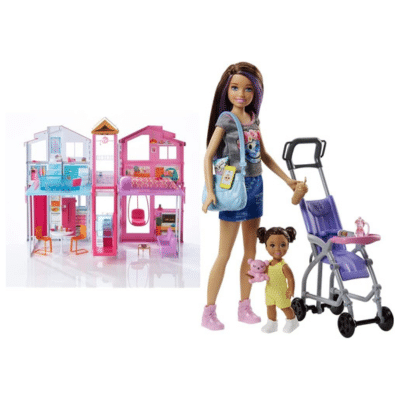 Barbie Supercasa, Casa de muñecas con Accesorios + - Muñeca Skipper Hermana de , niñera de Paseo - + Vamos de Viaje, muñeco Ken con Accesorios