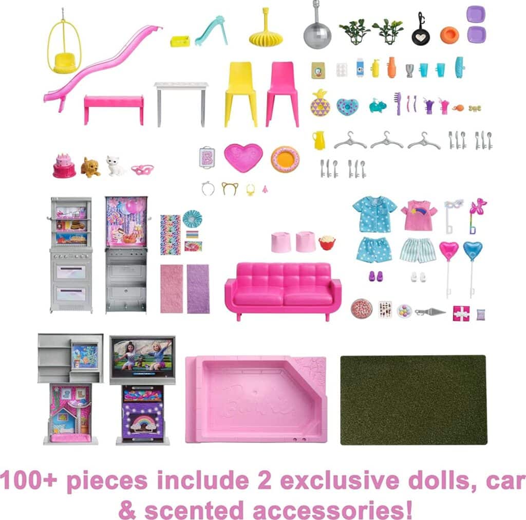 IMAGEN PROMOCIONAL 4 - Barbie 60 Aniversario Dreamhouse Casa de muñecas 3 pisos con 10 habitaciones, muebles y más de 70 accesorios, incluye 2 muñecas y un coche