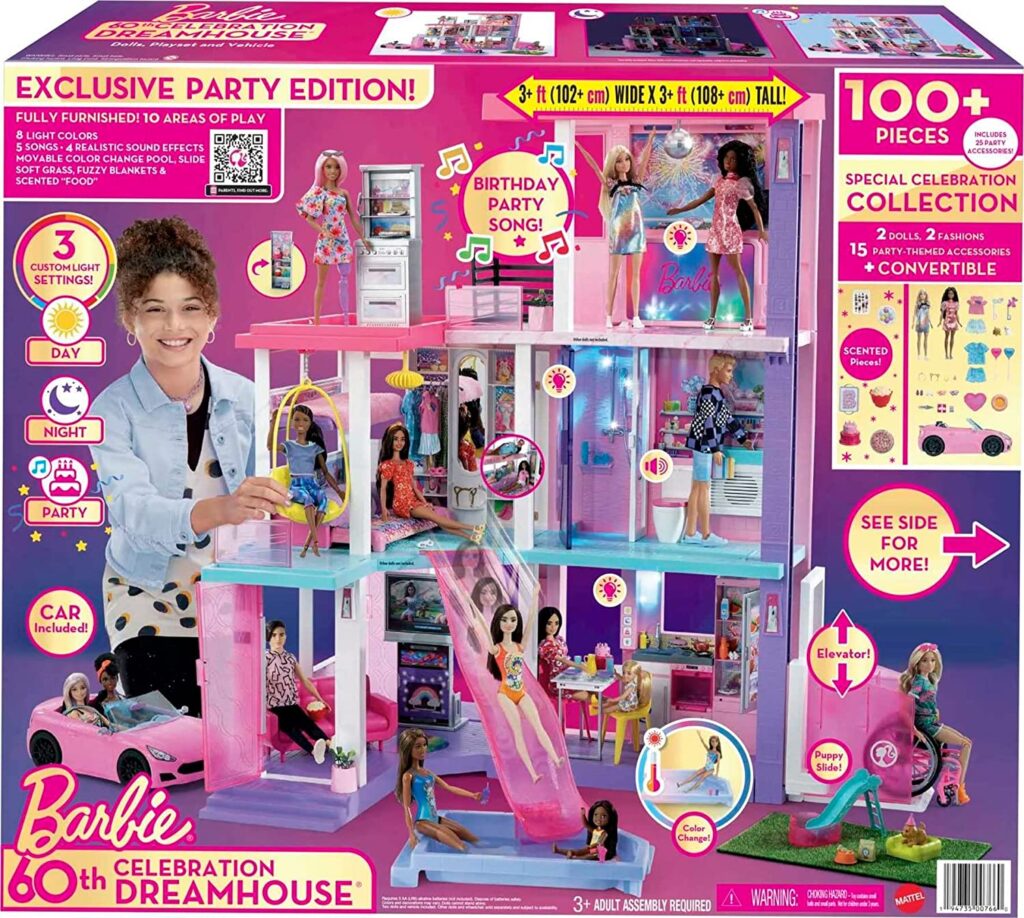 IMAGEN PROMOCIONAL 5 - Barbie 60 Aniversario Dreamhouse Casa de muñecas 3 pisos con 10 habitaciones, muebles y más de 70 accesorios, incluye 2 muñecas y un coche