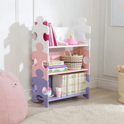 KidKarft, Estantería infantil de madera con diseño puzzle y 3 estantes, muebles para salas de juego y dormitorio de niños, multicolor (pastel) (14415)