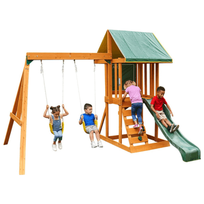 KidKraft-Appleton Centro de Juegos niños con Tobogán, Columpio, Pared de Escalada y Caja de Arena para jardín, Color Madera, (F24148