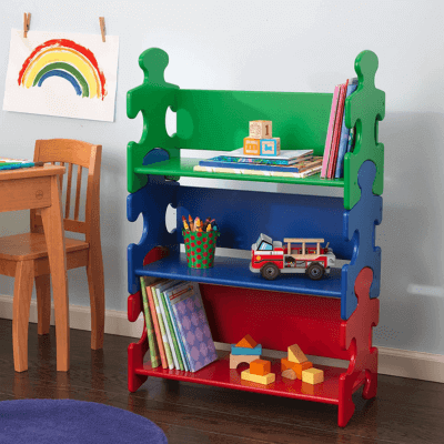 KidKraft - Estantería infantil de madera con diseño puzzle y 3 estantes, muebles para salas de juego y dormitorio de niños, multicolor (colores primarios)