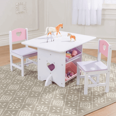 KidKraft-Heart Juego de mesa y 2 sillas de madera con corazón con compartimentos de almacenamiento, cuarto de juegos para niños - muebles de dormitorio