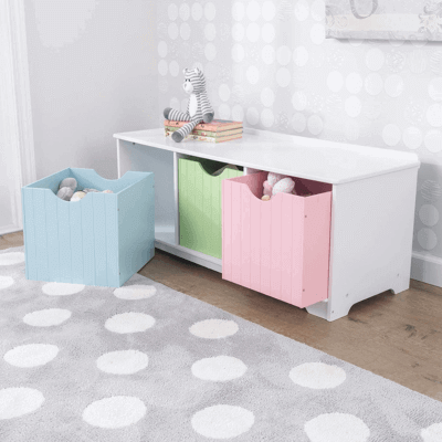 KidKraft Nantucket Banco de madera con 3 cajones-contenedores-cestas de almacenamiento, muebles de dormitorio para niños, color multicolor (pastel) (14565)