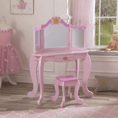 KidKraft- Princess Juego de tocador con espejo y taburete de madera, cuarto de juegos para niños-muebles de dormitorio, Color Rosa (76123)