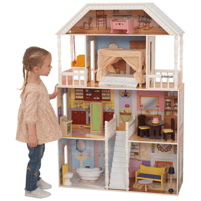 KidKraft- Savannah Casa de muñecas de madera con muebles y accesorios incluidos, 4 pisos, para muñecas de 30 cm , Color Blanco (65023)