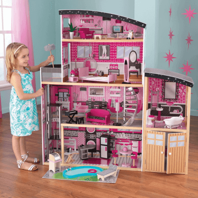 Kidkraft 65826 Casa de muñecas de madera Sparkle Mansion para muñecas de 30 cm con 30 accesorios incluidos y 4 niveles de juego